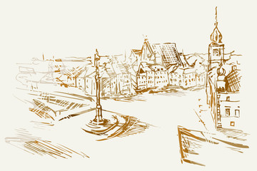 Ilustracja ręcznie wykonana. Przedstawia Plac Zamkowy w Warszawie