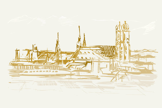 Ilustracja ręcznie wykonana. Przedstawia panoramę Monachium W Niemczech