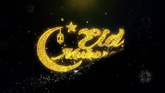 Eid Mubarak Text Wish on Gold Glitter Particles Spark Exploding Fireworks Display. Greeting card, Wishes, Celebration, Party, Invitation, Gift, Event, Message, Holiday, Festival 4K Loop Animation.