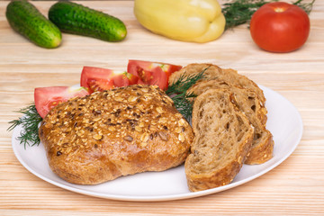 Whole grain puff pastry bread with seeds of sesame, flax, sunflower and vegetables