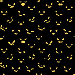 Halloween vector seamless pattern with carved pumpkin faces with different funny expressions on black background