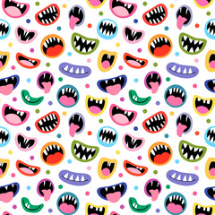 Funny vector seamless pattern with colorful monster mouths, open and closed with tongues and teeth for Halloween backgrounds