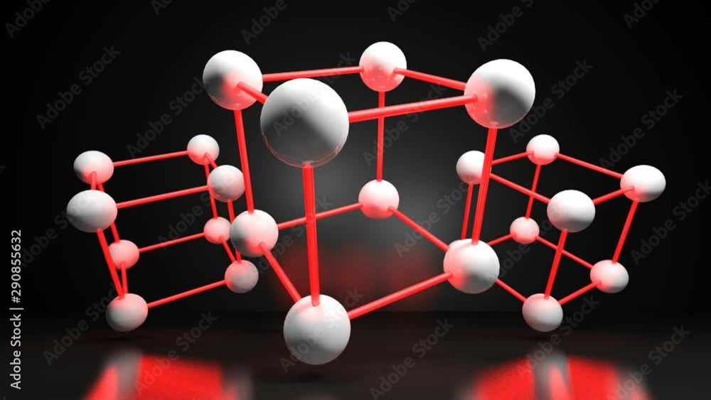 Poster a set of three cubic structure with white spheres connected by red light connections, isolated on wh