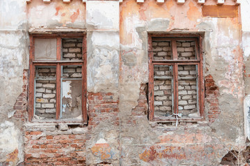 A bricked-up windows. Immured windows in the pre-revolutionary building in Tver.