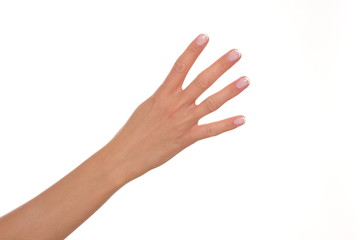 Female hand showing four fingers.