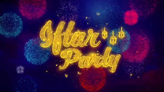 Iftar Party wish Text Colorful Firework Explosion Particles. Greeting card, Wishes, Celebration, Party, Invitation, Gift, Event, Message, Holiday Festival 4K Loop Animation