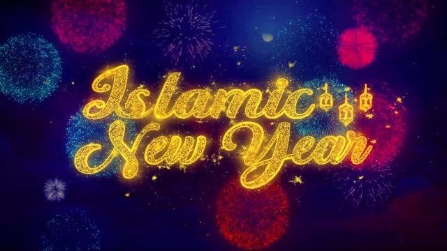 Islamic New Year wish Text Colorful Firework Explosion Particles. Greeting card, Wishes, Celebration, Party, Invitation, Gift, Event, Message, Holiday, Festival 4K Loop Animation.