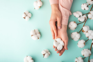 Flat lay. Tender female hands with white delicate cotton flowers. On a turquoise background. Art photo, top view, horizontal photo.