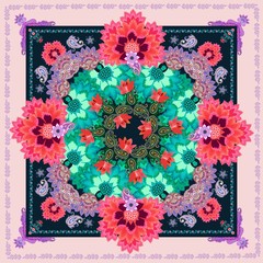 Shawl "Russian Soul" with red lilies and fantastic flowers in ethnic style and paisley.