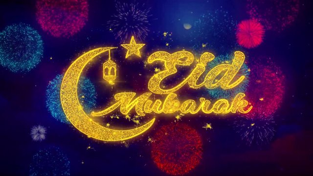 Eid Mubarak wish Text Colorful Firework Explosion Particles. Greeting card, Wishes, Celebration, Party, Invitation, Gift, Event, Message, Holiday Festival 4K Loop Animation