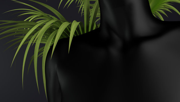 Beautiful black female neck and collarbone on dark background with palm leaves. Mockup for jewelry. 3D rendering.