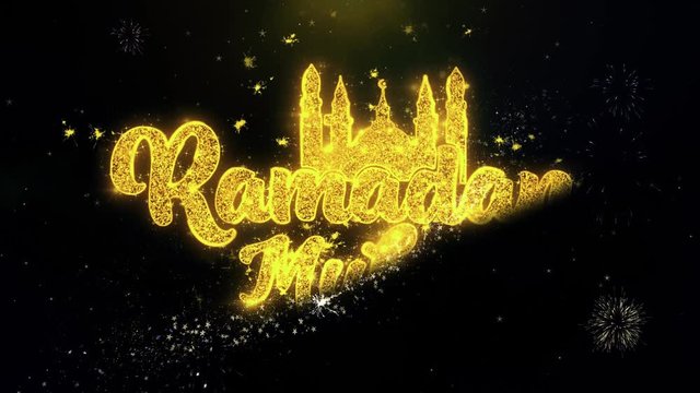 Ramadan Mubarak Text Wish on Gold Glitter Particles Spark Exploding Fireworks Display. Greeting card, Wishes, Celebration, Party, Invitation, Gift, Event, Message, Holiday, Festival 4K Loop Animation.