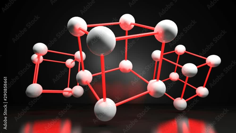 Poster a set of three cubic structure with white spheres connected by red light connections, isolated on wh