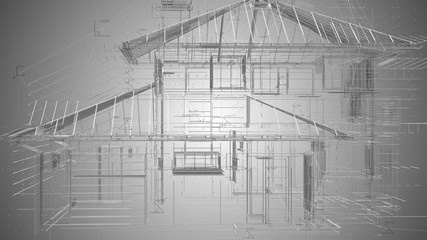 Architecture model of building construction blueprint wire-frame - 3D illustration rendering