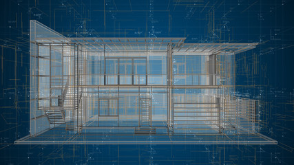 Architecture design house blueprint wireframe abstract - 3D illustration rendering