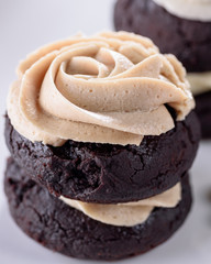 Chocolate cupcakes with various flavours of whipped cream