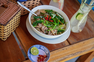 traditional Vietnamese soup, Vietnamese soup Pho with chicken, view from above