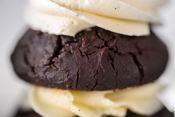 Chocolate cupcakes with various flavours of whipped cream