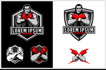 male boxer with shield badge logo template for boxing club