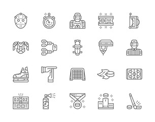 Set of Hockey Line Icons. Puck, Stopwatch, Goalkeeper, Ticket, Referee and more.