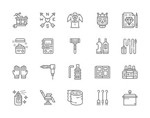 Set of Tattoo Studio Line Icons. Rubber Gloves, Vaseline, Ink Bottles and more.