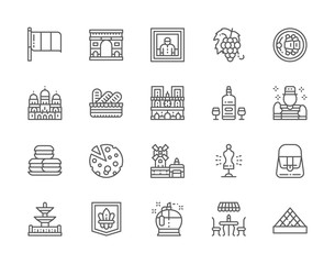 Set of French Culture Line Icons. Perfumery, Street Cafe, Alcohol, Mime and more