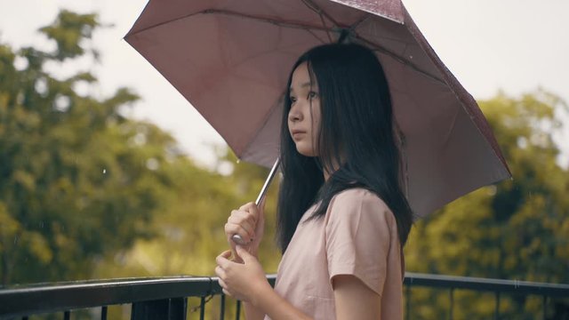 Young asian teen millennial woman with umbrella in rainy day