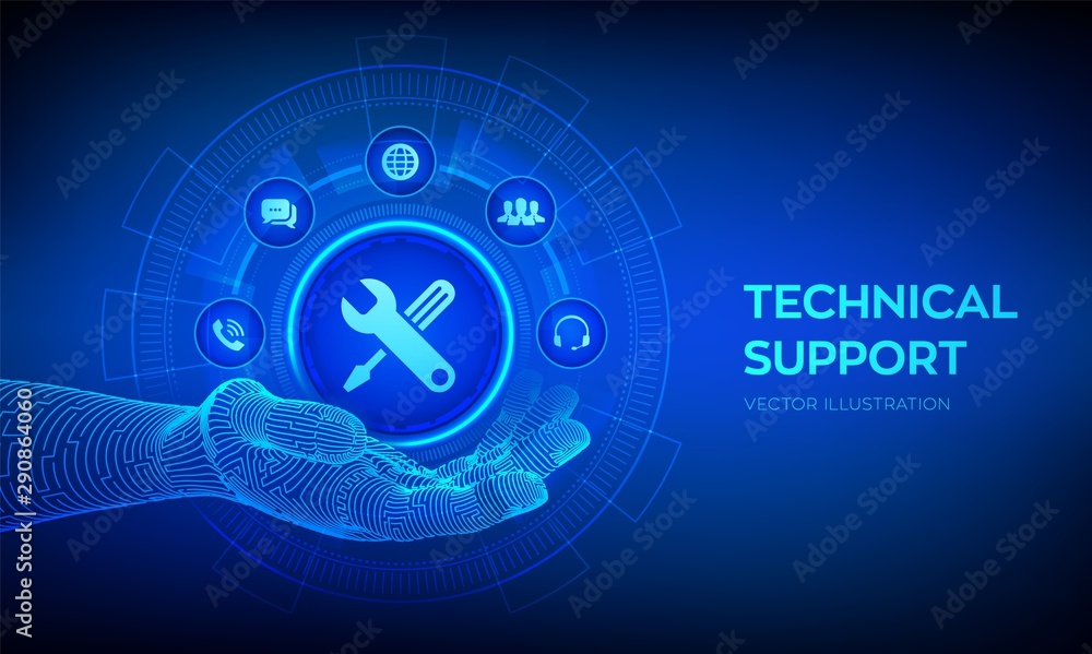 Poster technical support in robotic hand. customer help. tech support. customer service, business and techn