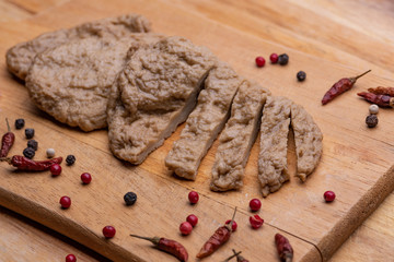 Fake meat. Meat analogue (also called  alternative, substitute, mock, faux, imitation, vegetarian, vegan) meat. Wheat gluten, also called seitan, mianjin, milgogi, gluten meat.