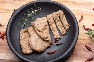 Fake meat. Meat analogue (also called  alternative, substitute, mock, faux, imitation, vegetarian, vegan) meat. Wheat gluten, also called seitan, mianjin, milgogi, gluten meat.