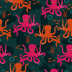 Seamless pattern with pink and red octopuses.
