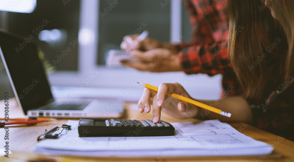 Aufkleber filled with town planning,engineer people, architect man using calculator for accounting and analyzi