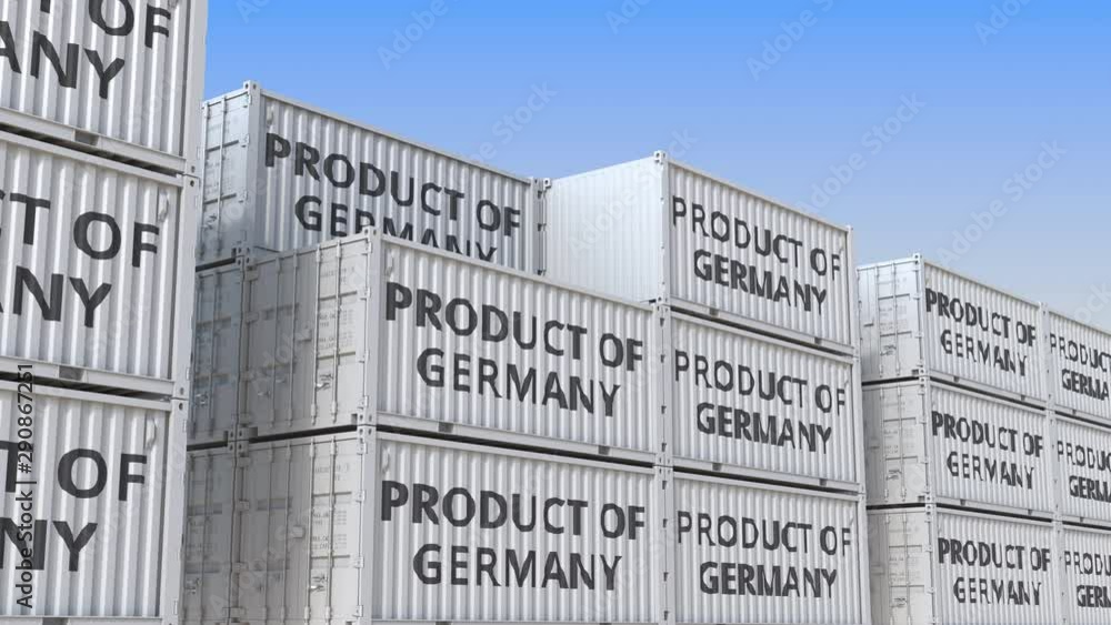 Aufkleber containers with product of germany text. german import or export related loopable 3d animation