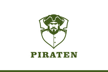simple and modern pirate cartoon character badge shield logo vector template