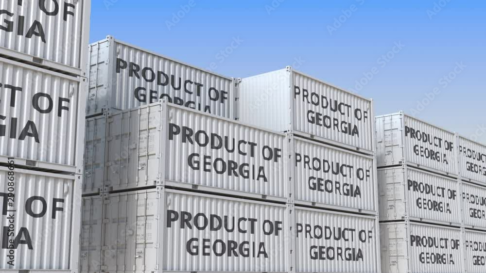 Aufkleber cargo containers with product of georgia text. georgian import or export related loopable 3d animati