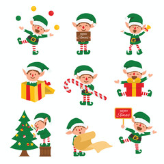 Collection of Christmas elves isolated on white background. funny and joyful santa helper sending holiday gift and decoration christmas tree .vector illustration.