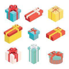 Set of variety gift box for new year, christmas, birthday party and other congratulate event . isometric design vector illustration