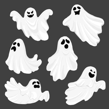 Whisper Ghost cartoon isolated on dark background. character Costume evil or Character creepy funny cute. Party celebrate Halloween night holiday. Set Vector Illustration.