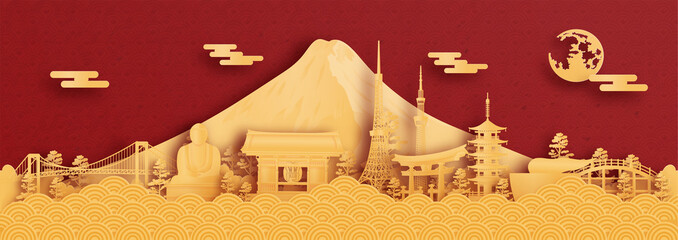 Panorama postcard and travel poster of world famous landmarks of Tokyo, Japan in paper cut style vector illustration