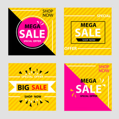four discount banners with yellow and black colors with pink