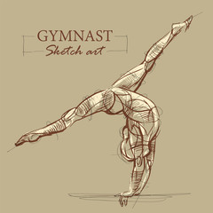 Brown toned modern stylized sketch of a curly gymnastics, acrobatics with a muscular body, vector illustration
