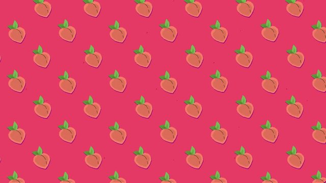 A tasty animation: a repeated pattern of an orange peach, moving towards the upper left angle, over a pale red background.
