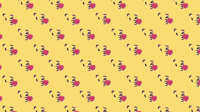 A charming animation featuring a repeated pattern of a winking and kissing face emoji (sending a heart symbol), moving to the upper left angle, over a yellow background.
