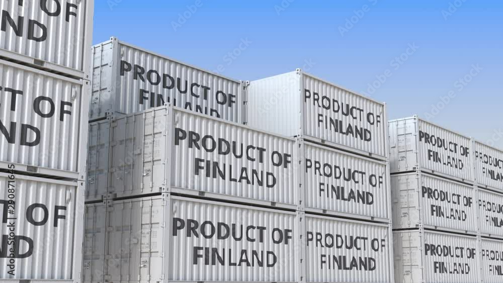 Aufkleber containers with product of finland text in a container terminal, loopable 3d animation