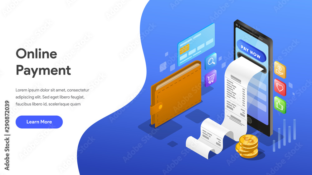 Poster landing page template of online payment with mobile phone isometric illustration concept. modern des