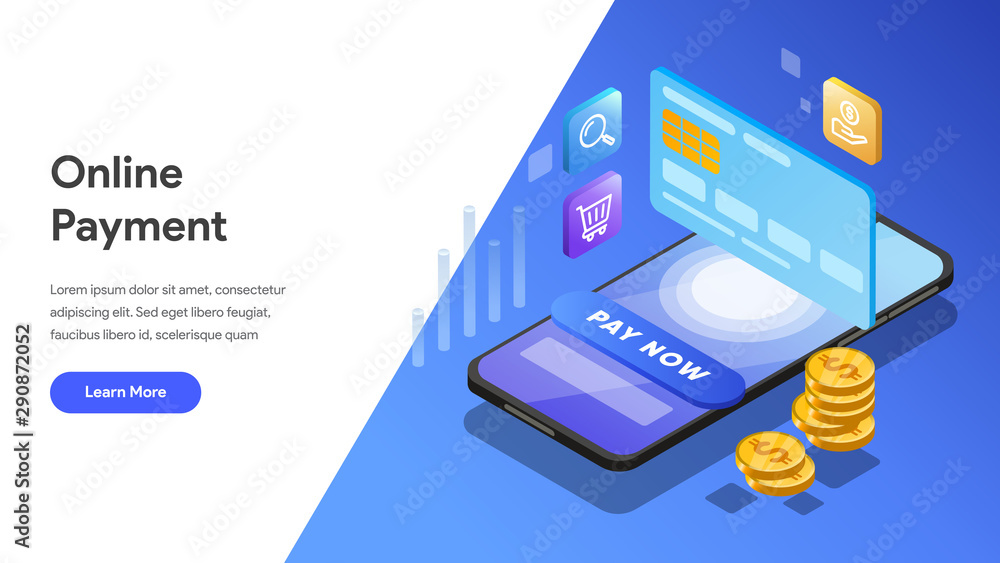 Poster landing page template of online payment with mobile phone isometric illustration concept. modern des
