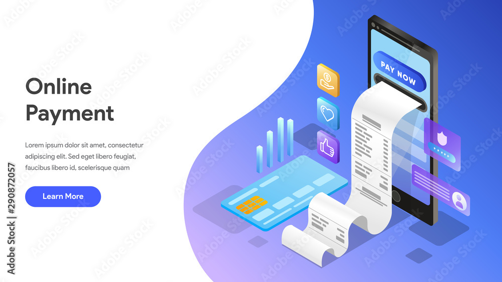 Poster landing page template of online payment with mobile phone isometric illustration concept. modern des