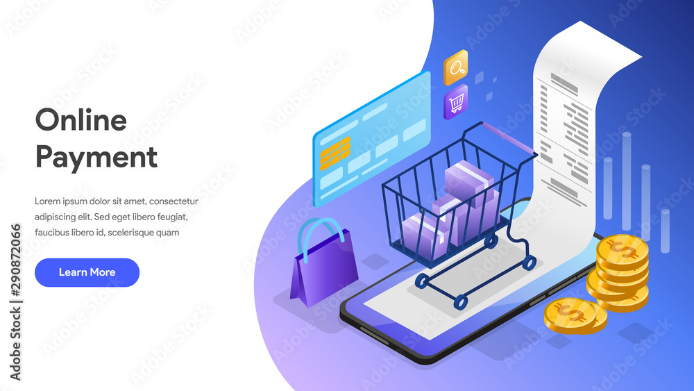 Poster landing page template of online payment with mobile phone isometric illustration concept. modern des