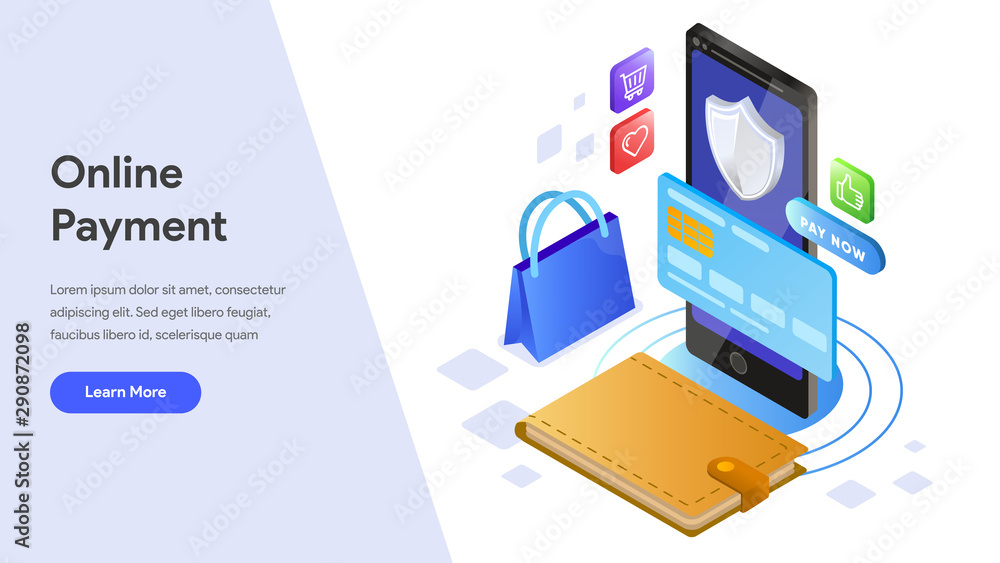 Poster landing page template of online payment with mobile phone isometric illustration concept. modern des