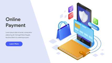 Landing page template of Online Payment  with Mobile Phone Isometric Illustration Concept. Modern design concept of web page design for website and mobile website.Vector illustration EPS 10